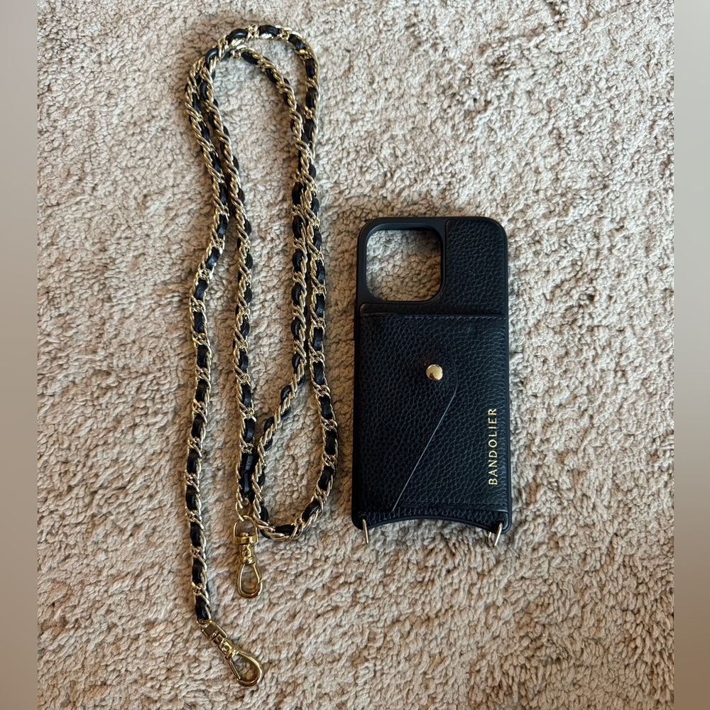 Bandolier Black Leather Crossbody Phone Case with Gold Chain Strap